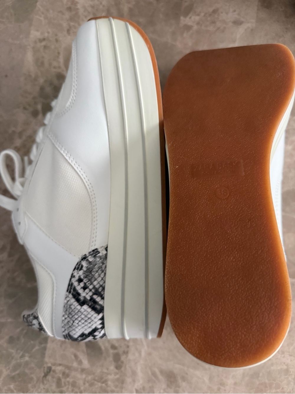Zara White Platform Sneakers with Snake-Print Heel